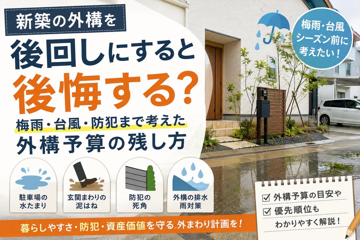 新築の外構を後回しにすると後悔する?梅雨・台風・防犯で困らない予算の残し方