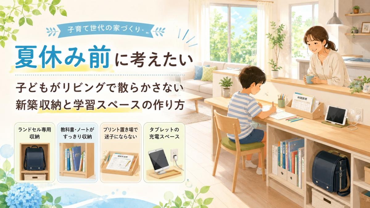 夏休み前に考えたい|子どもがリビングで散らかさない新築収納と学習スペースの作り方